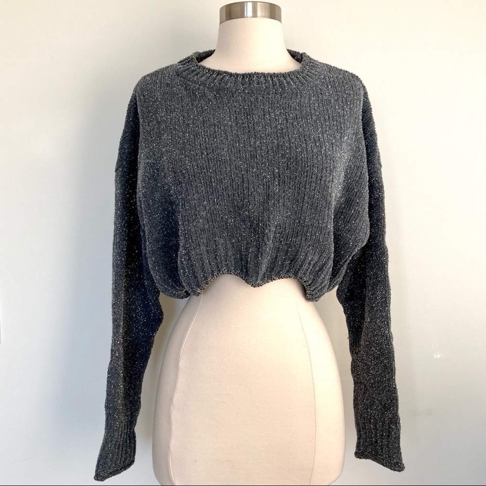 Cropped Scallop Batwing Sweater Metallic Shimmer